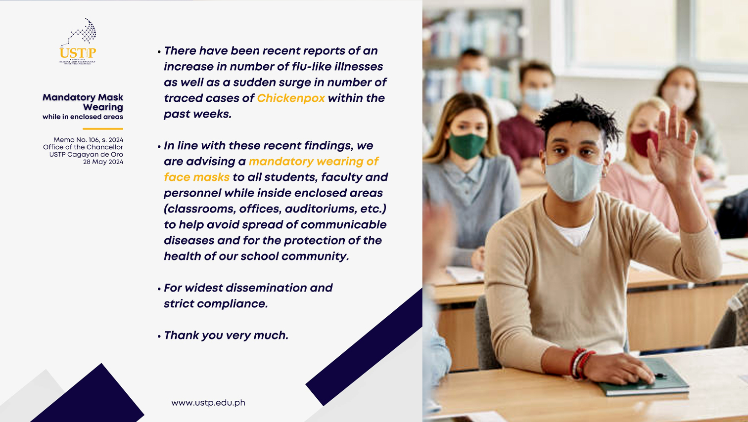 HEALTH WATCH: USTP advises mandatory wearing of face masks in enclosed areas