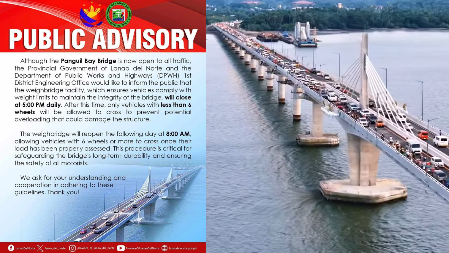 Only vehicles with less than 6 wheels permitted to cross Panguil Bay Bridge after 5PM