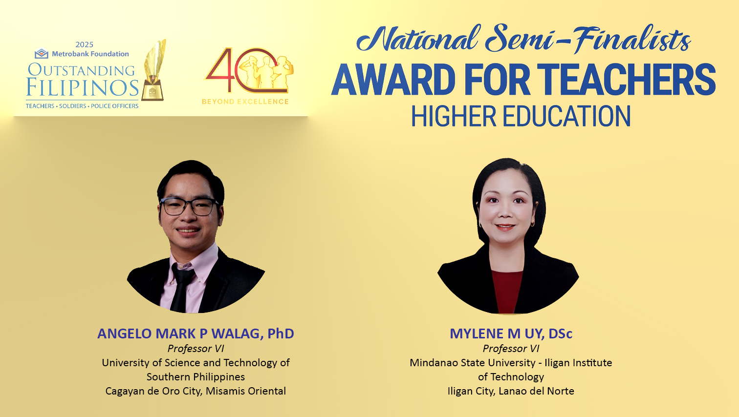 MSU-IIT, USTP professors named National Semi-Finalists of 2025 Metrobank Foundation Outstanding Filipinos