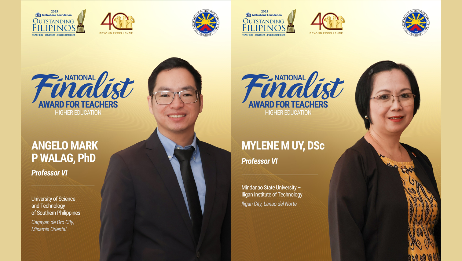 USTP, MSU-IIT professors named National Finalists of 2025 Metrobank Foundation Outstanding Filipinos Award for Teachers
