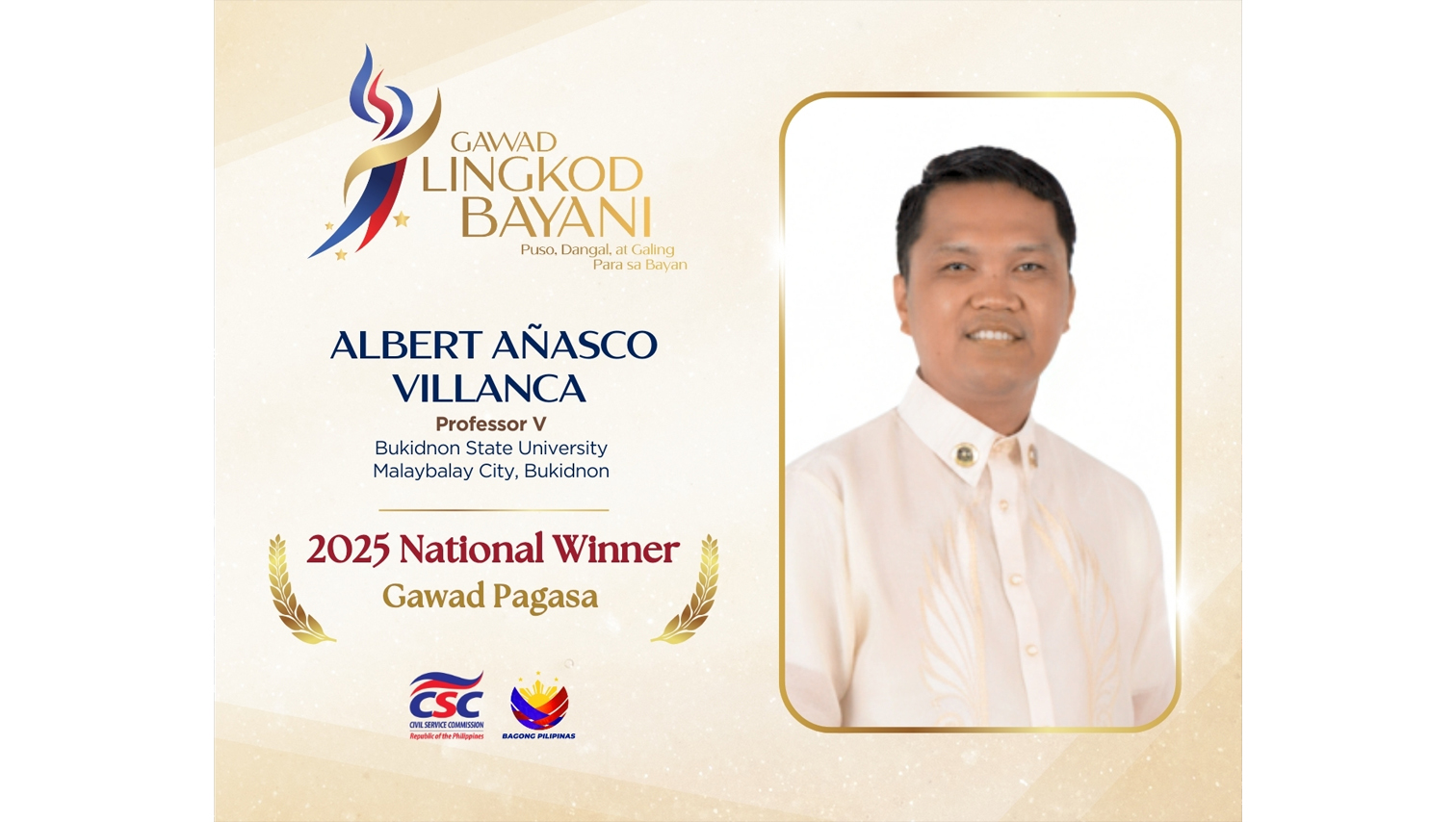 BukSU professor named 2025 Gawad Pagasa Award winner