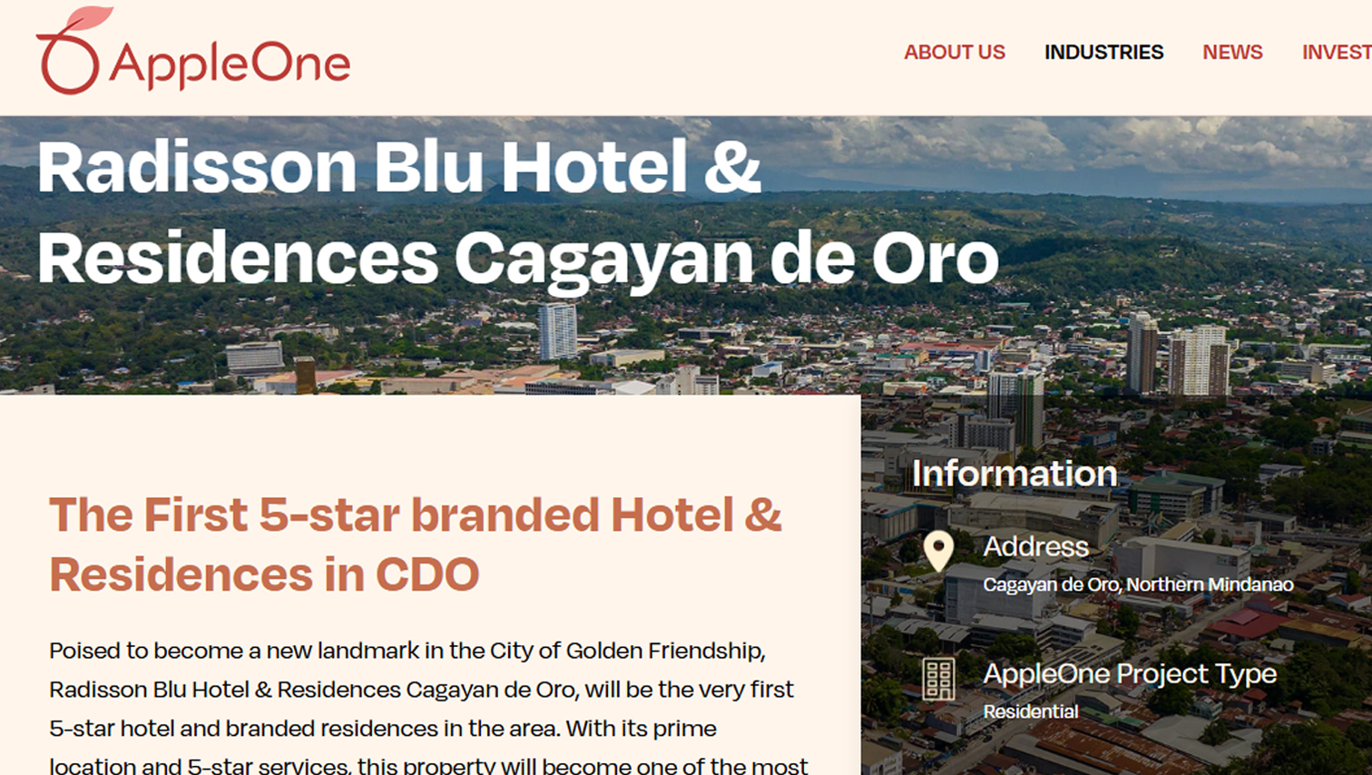 PROJECT WATCH: Radisson Blu Hotel & Residences Cagayan de Oro now featured at AppleOne website