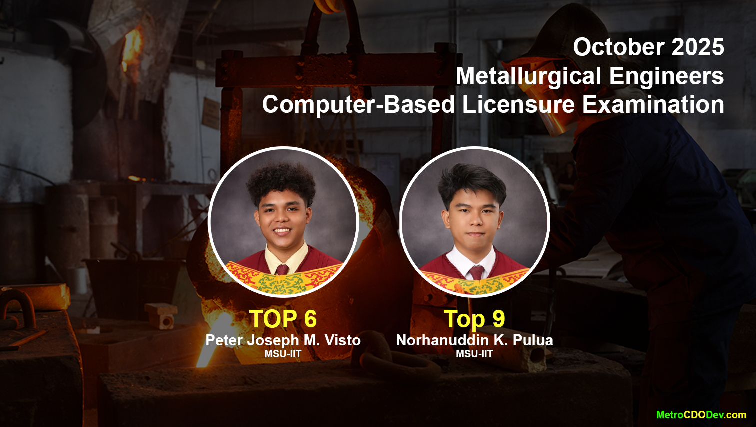 2 MSU-IIT grads in Top 10 of October 2025 Metallurgical Engineers Board Exam