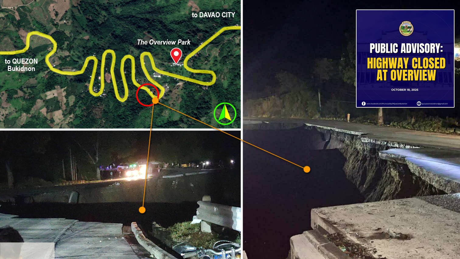 RANDOM SHOTS: BUDA Highway closed after road collapse near Overview Park in Quezon, Bukidnon; authorities probing incident