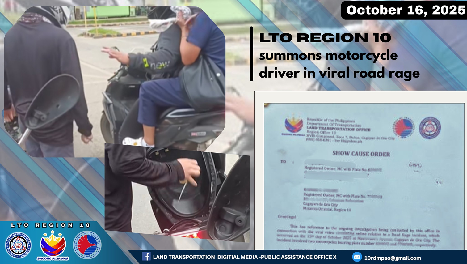 VIDEO WATCH: LTO-10 summons motorcycle driver involved in viral road rage incident on October 15, 2025
