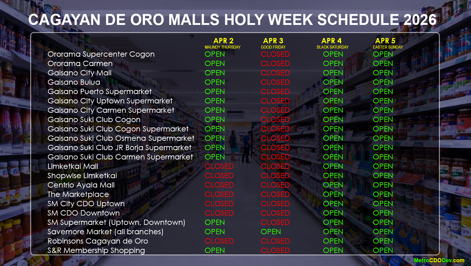 Cagayan de Oro Malls and select stores Holy Week Schedule 2026