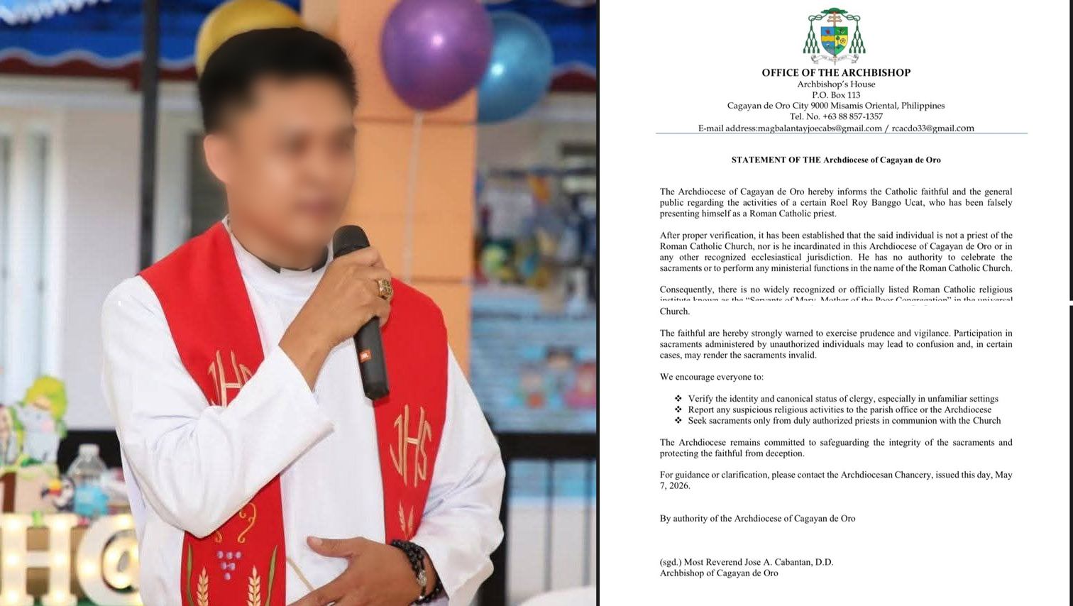 CDO Archdiocese cautions faithful against individual falsely claiming to be a priest