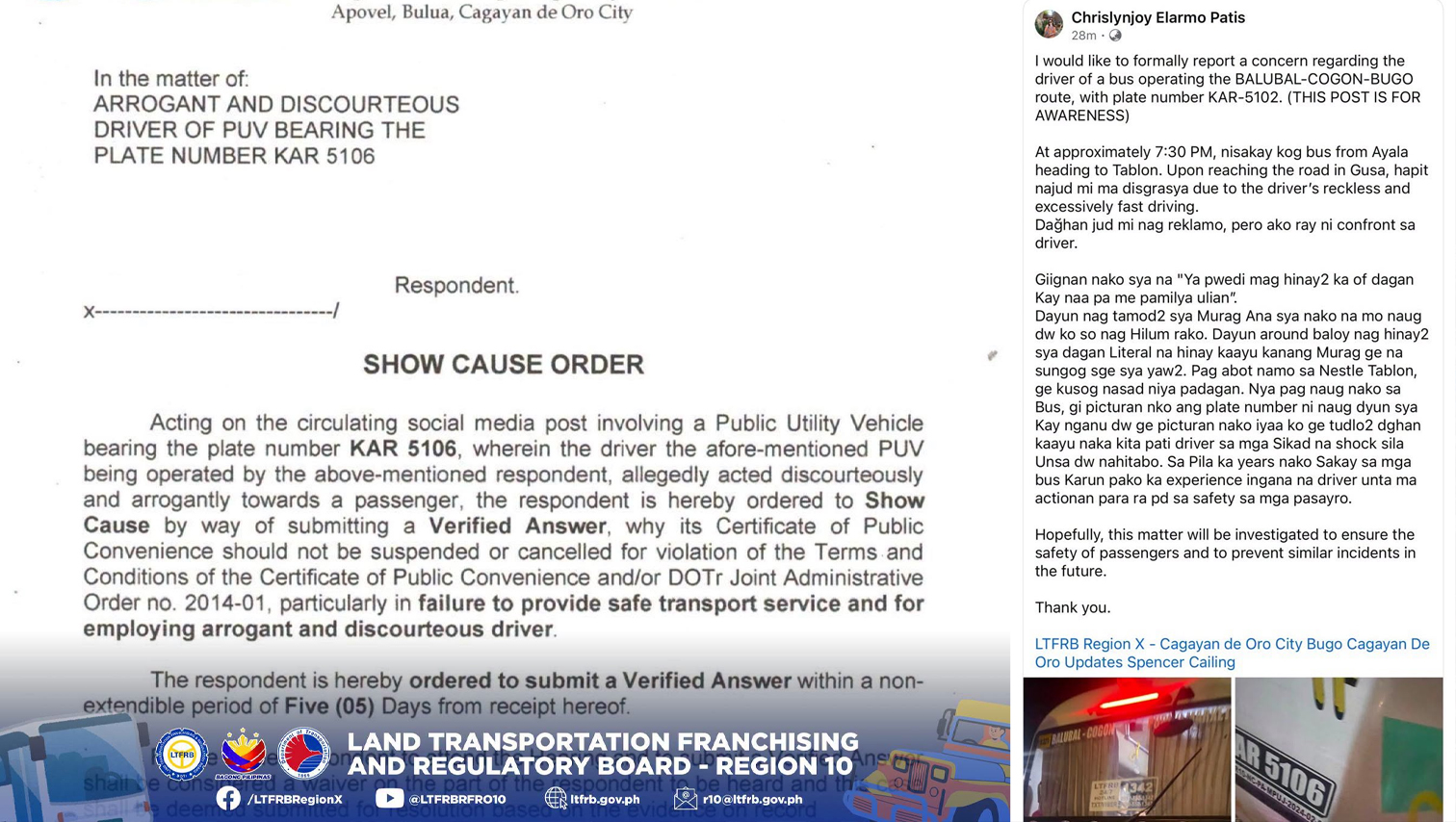 LTFRB-X issues Show Cause Order vs arrogant and discourteous PUV driver in CDO