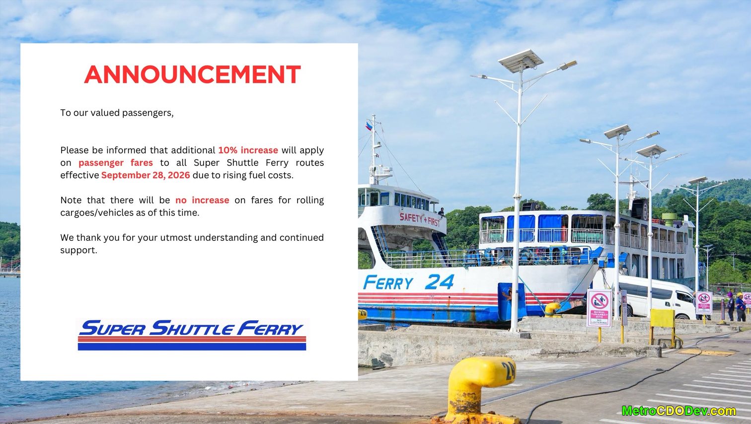 Super Shuttle Ferry announces 10% Passenger Fare hike effective September 28